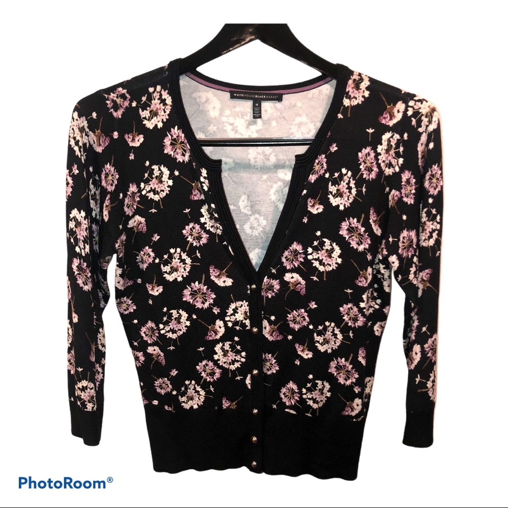 WHBM FLORAL BLACK 3/4 SLEEVE CARDIGAN LAVENDER MED